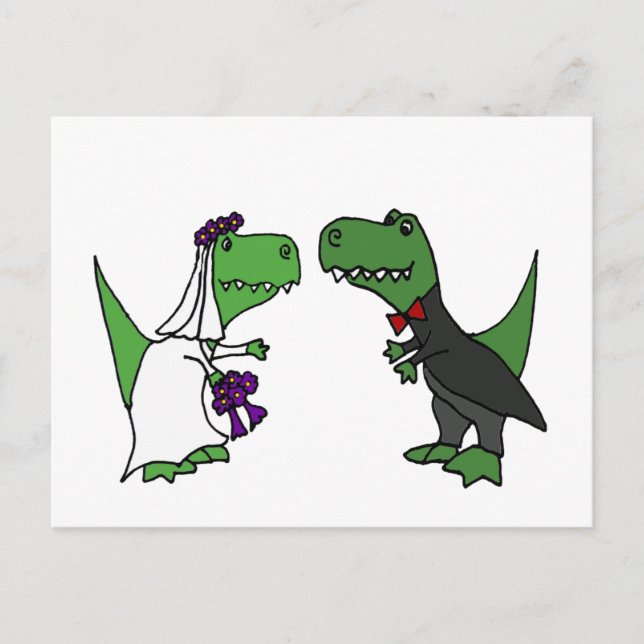 Funny T-rex Dinosaur Bride and Groom Wedding Art Postcard (Front)