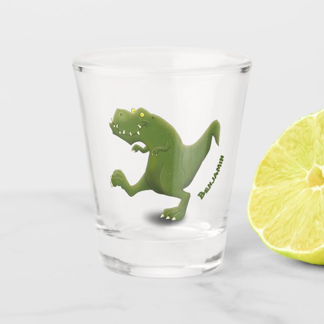 Funny T rex dinosaur cartoon humour  Shot Glass (Front)