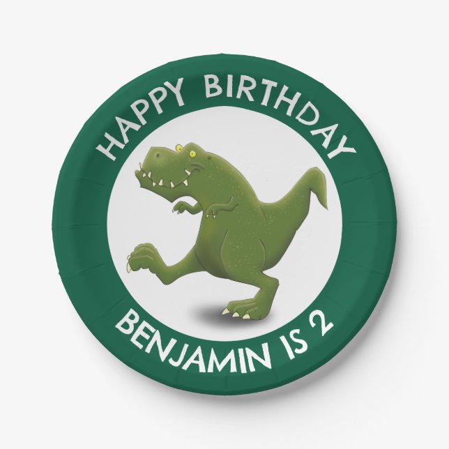 Funny t rex dinosaur cartoon personalised paper plate (Front)