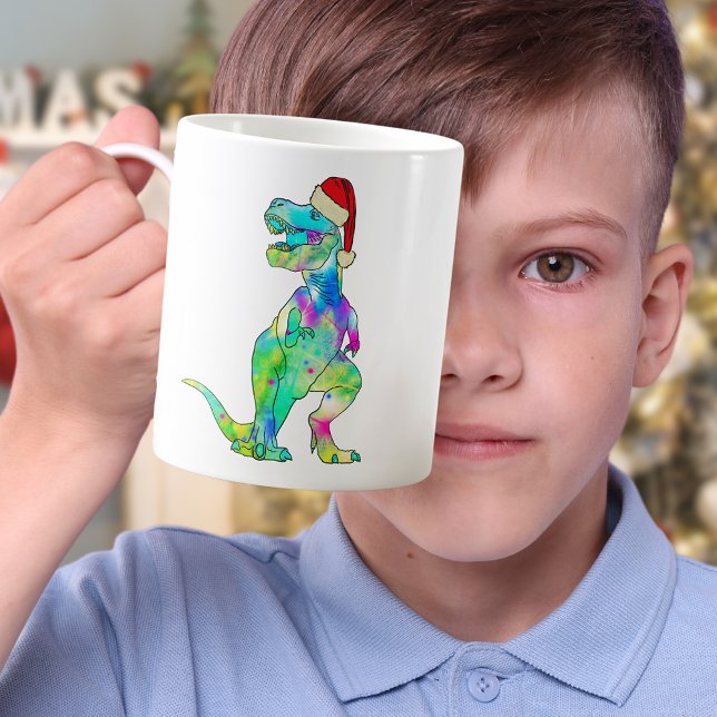 Funny T-Rex Dinosaur Christmas Coffee Mug (Christmas dinosaur T-Rex Santa colorful holiday mug)