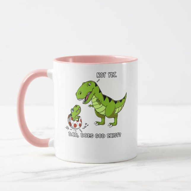 Funny T-Rex Dinosaur Dad Does God Exist Atheist Mug (Left)