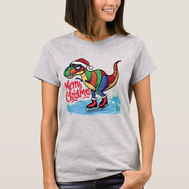 Funny T-rex Dinosaur Ice Skating Merry Christmas  T-Shirt (Front)
