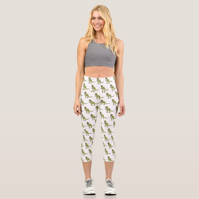 Funny T rex dinosaur illustration Capri Leggings (Front)