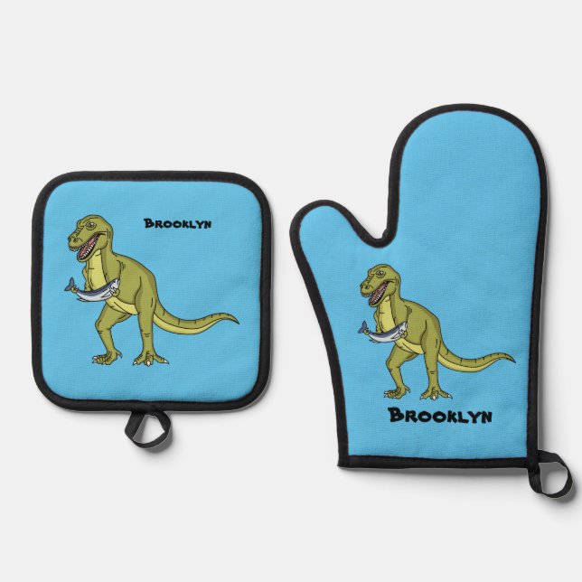 Funny T rex dinosaur illustration Oven Mitt & Pot Holder Set (Front)