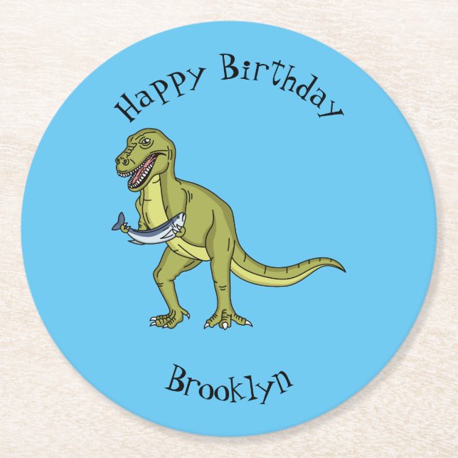 Funny T rex dinosaur illustration Round Paper Coaster (Front)