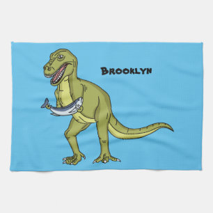Funny T rex dinosaur illustration Tea Towel