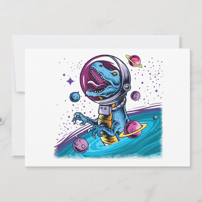 Funny T-Rex Dinosaur in Space Holiday Card (Front)