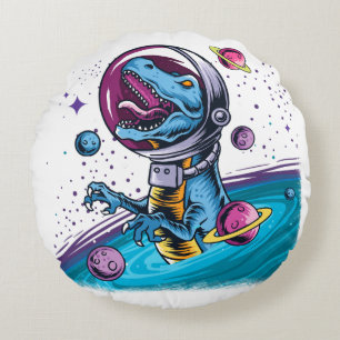Funny T-Rex Dinosaur in Space Round Cushion