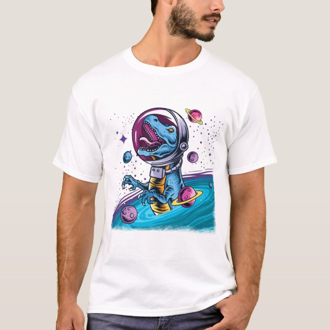 Funny T-Rex Dinosaur in Space T-Shirt (Front)
