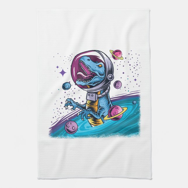 Funny T-Rex Dinosaur in Space Tea Towel (Vertical)