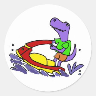 Funny T-rex Dinosaur Jet Skiing Cartoon Classic Round Sticker