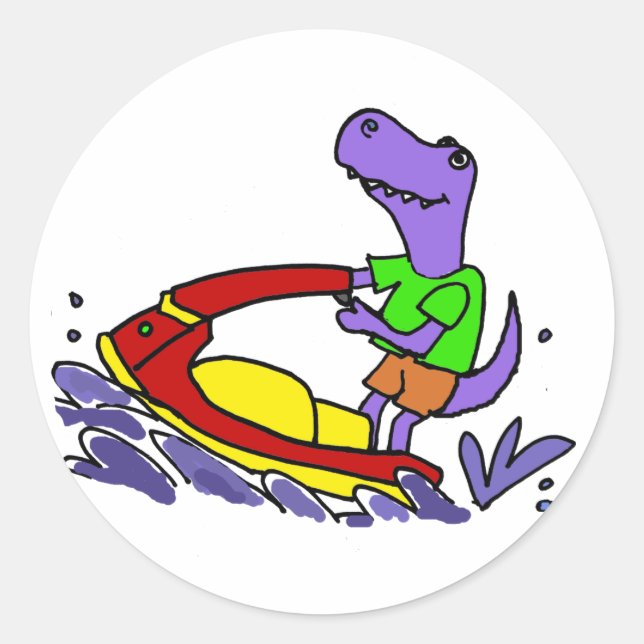 Funny T-rex Dinosaur Jet Skiing Cartoon Classic Round Sticker (Front)