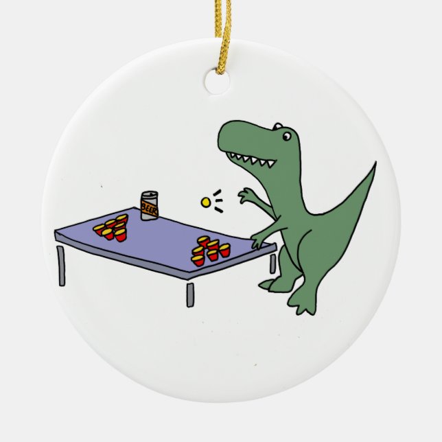 Funny T-Rex Dinosaur Playing Beer Pong Ceramic Tree Decoration (Front)