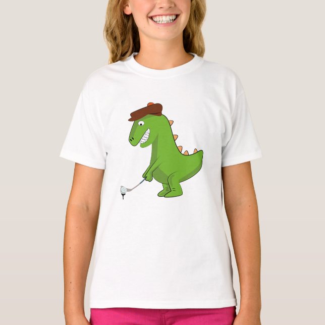 Funny T-Rex Dinosaur Playing Golf T-Shirt (Front)