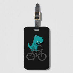 Funny T-rex Dinosaur Riding Bicycle Cartoon Luggage Tag