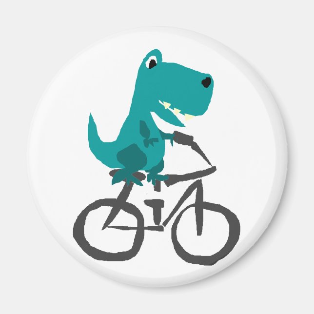Funny T-rex Dinosaur Riding Bicycle Cartoon Magnet (Front)