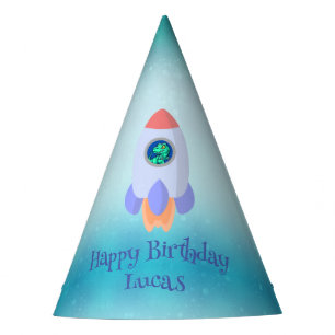 Funny T-rex dinosaur rocket School kid Birthday  Party Hat