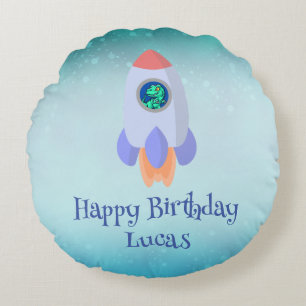 Funny T-rex dinosaur rocket School kid Birthday  Round Cushion