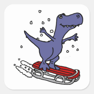 Funny T-rex Dinosaur Sledding Cartoon Square Sticker