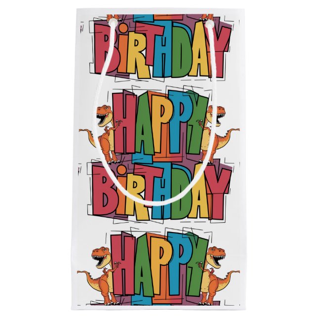 Funny T-rex Dinosaurs and Colourful Block Birthday Small Gift Bag (Front)