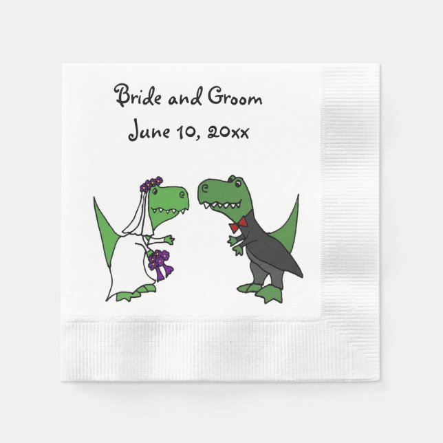 Funny T-rex Dinosaurs Bride and Groom Wedding Art Napkin (Front)