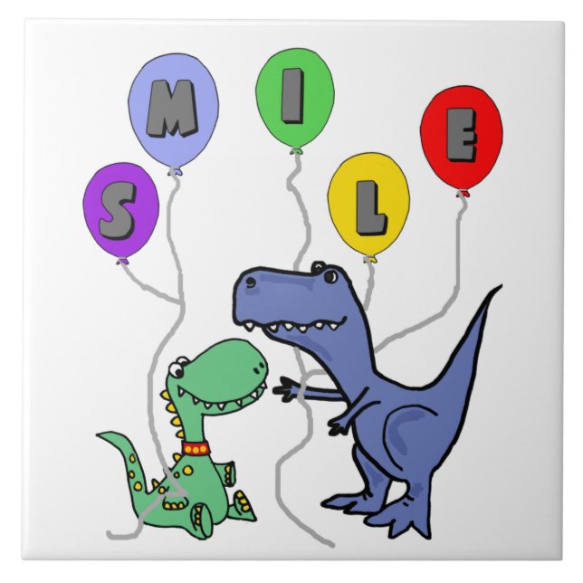 Funny T-rex Dinosaurs holding Smile Balloons Tile (Front)