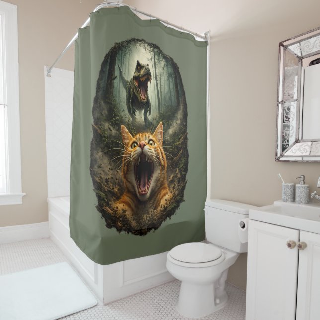 Funny T-Rex & Screaming Cat Meme Shower Curtain (In Situ)