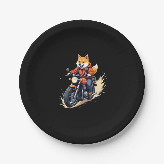 Funny T-Shirt, Shiba Inu, Motorcycle, Dog, Puppet, Paper Plate (Front)