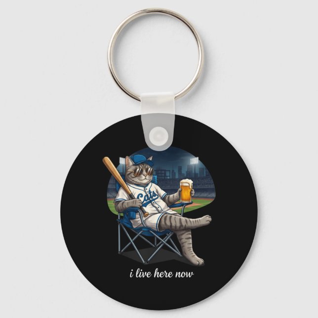 Funny Tabby Cat Ballfield Baseball Field Live Here Key Ring (Front)