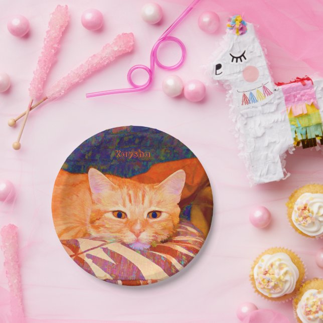 Funny Tabby Cat Bright Orange Cute Paper Plate (Party)
