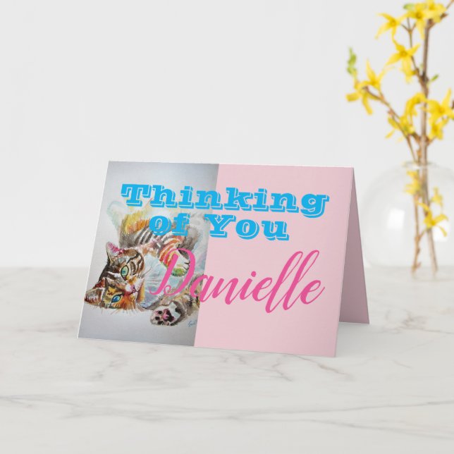 Funny Tabby Cat Thinking of You Womans Name Card (Yellow Flower)