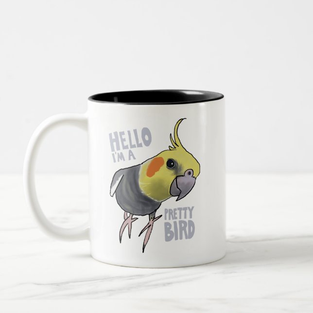 Funny Talking Grey Cockatiel Hello Pretty Bird Two-Tone Coffee Mug (Left)