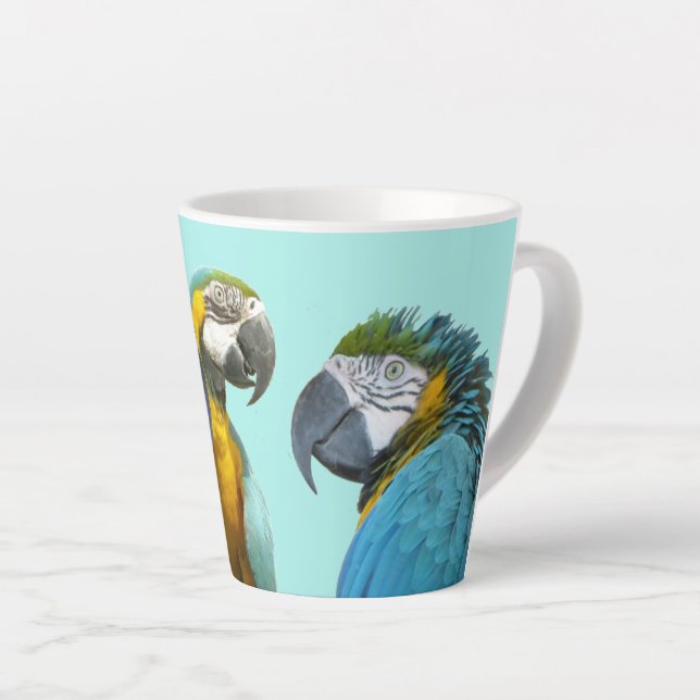 Funny Talking Parrots Cust. BG Blue Latte Mug (Right Angle)