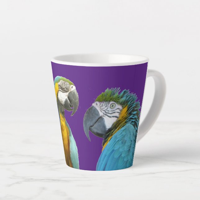 Funny Talking Parrots Cust. BG Purple Latte Mug (Right Angle)