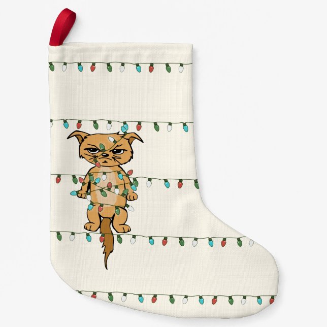 Funny Tangled Grumpy Xmas Cat Holiday Small Christmas Stocking (Front)