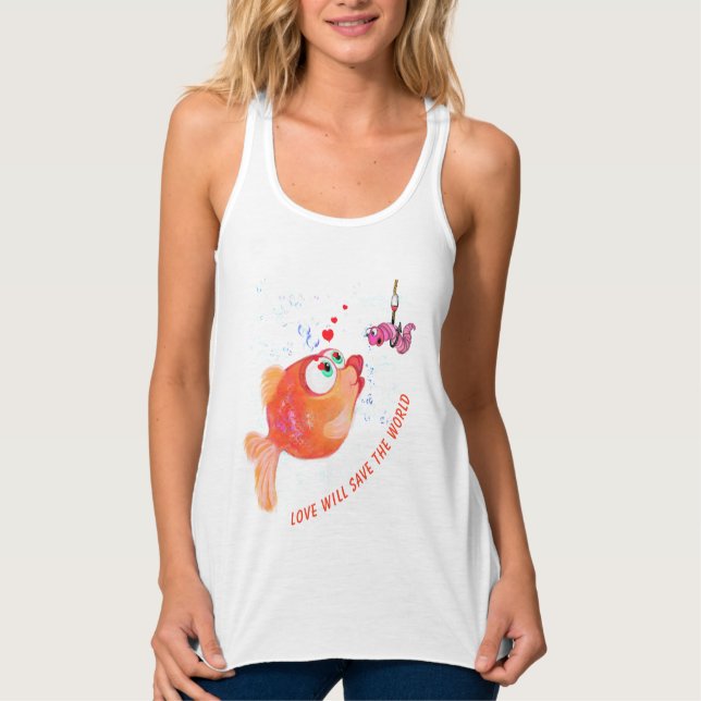 Funny Tank Top Happy Fish and Worm - Custom Text (Front)