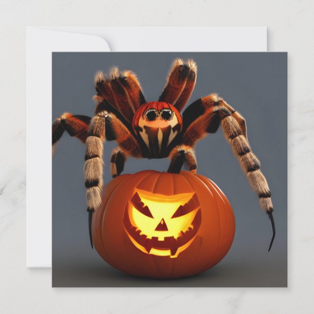 Funny Tarantula With Jack O' Lantern Halloween  Card (Front)