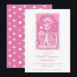 Funny Tarot Pink Birthday Invitation<br><div class="desc">Tarot inspired birthday invitation in vibrant pink, featuring a vintage skeleton holding a cupcake inside an ornate card frame with twinkling stars. The reverse shows a matching star pattern. It blends mystical charm with a playful goth vibe, perfect for witchy or celestial themed celebrations from sweet sixteen to milestone parties....</div>