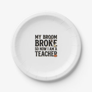 Funny Teacher Broom Broke Vintage Halloween Design Paper Plate
