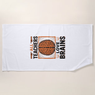 Funny Teacher Halloween Brains Vintage Graphic_1 Beach Towel