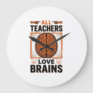 Funny Teacher Halloween Brains Vintage Graphic_1 Large Clock