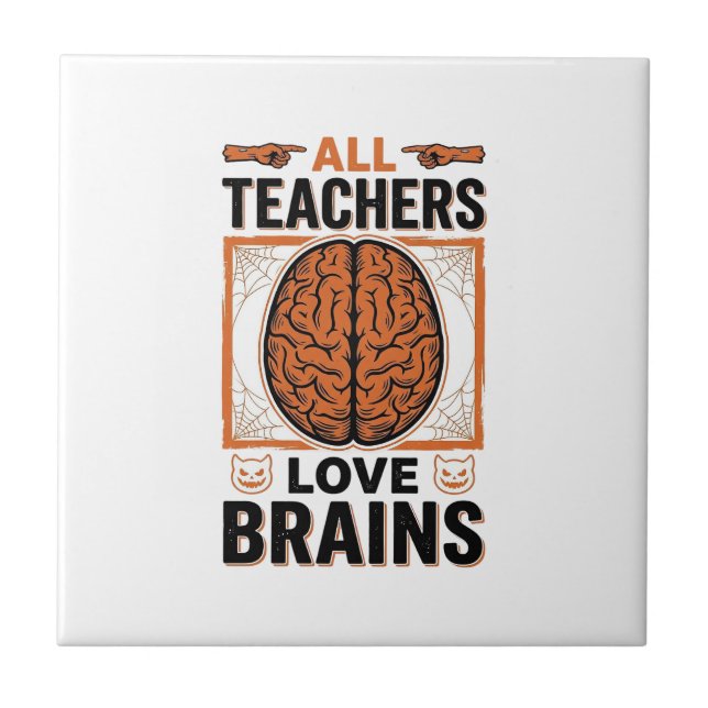 Funny Teacher Halloween Brains Vintage Graphic_1 Tile (Front)