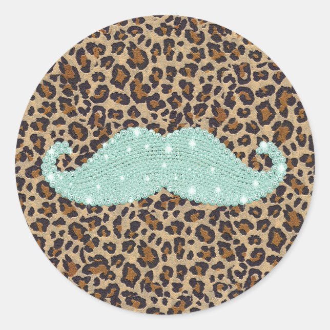 Funny Teal Green Bling Moustache And Animal Print Classic Round Sticker (Front)