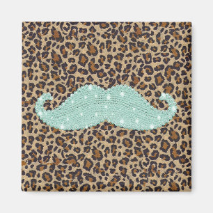 Funny Teal Green Bling Moustache And Animal Print Magnet