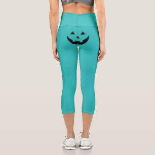 Funny teal Jack o lantern pumpkin face Halloween Capri Leggings