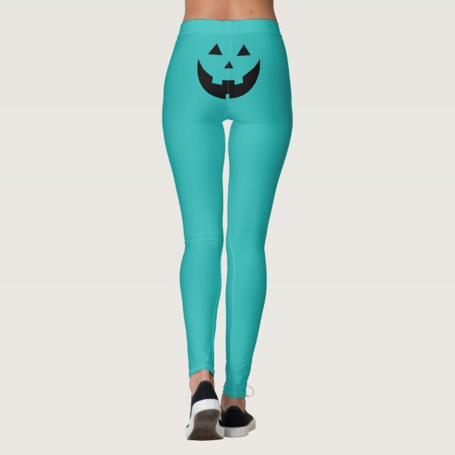 Funny teal Jack o lantern pumpkin face Halloween Leggings (Back)