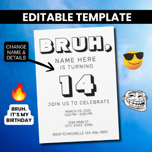 Funny Teen Boy Birthday Invitation Bruh Meme