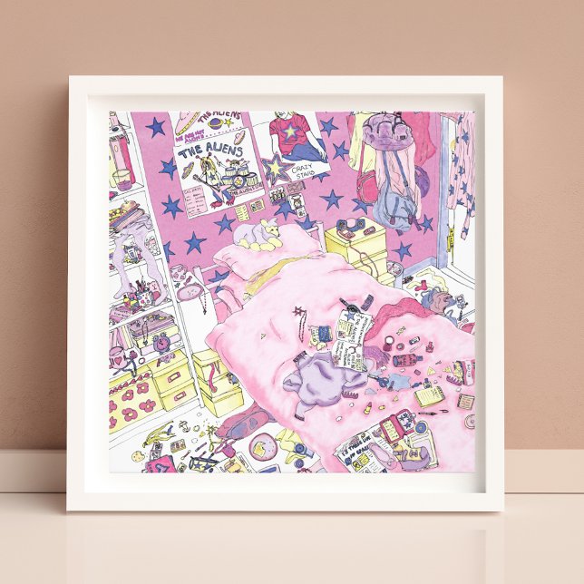 Funny Teenager Girls Messy Bedroom Cute Pink Art Photo Print (Funny teen girls messy pink bedroom watercolor artwork)