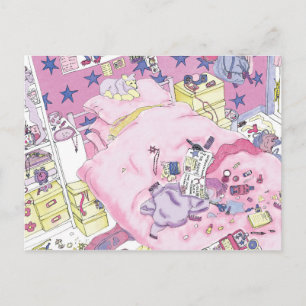 Funny Teenager Girls Messy Bedroom Cute Pink Art Postcard