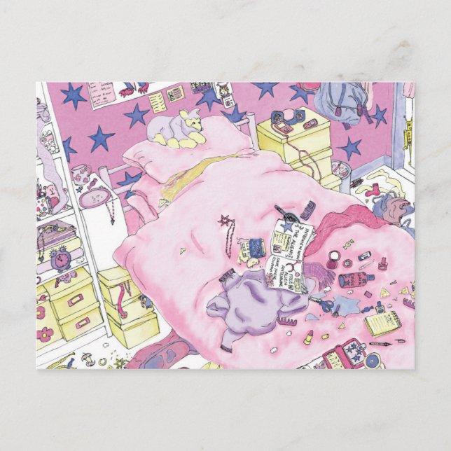 Funny Teenager Girls Messy Bedroom Cute Pink Art Postcard (Front)